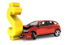 Car crashed into dollar sign Car insurance accident concept image with large dollar sign and red compact car