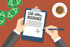 Signing policy on desk Hands on desktop signing car insurance policy with coffee cup and cash on opposite sides