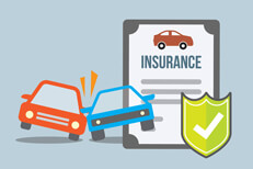 Insurance coverage for collision Car insurance policy with two cars colliding with protection shield in foreground flat concept