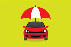 Car insurance umbrella protection concept Red car with red and white umbrella concept for insurance protection on bright green background
