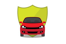 Red car in front of green insurance protection shield