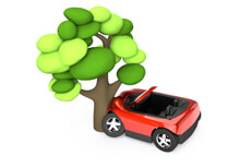 Cute red convertible crashed into tree on white background 3D render