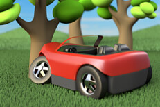 Cute red convertible crashed into tree with hills and trees in background