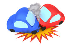 3D cartoon render of two vehicle collision isolated on white with collision burst and smoke