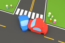 Cartoon 3D render of two vehicle accident at street intersection with onlookers