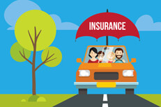 Family car protected by insurance umbrella Happy family driving in car on road protected by car insurance umbrella flat concept
