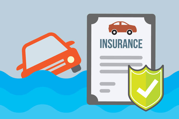 Illustration showing flooded car with car insurance policy