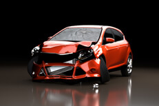 Red car front end collision damage Photo of red car after front end collision damage accident dark background