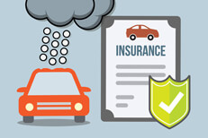Auto insurance coverage for hail damage Car insurance policy and shield beside dented car under hail storm flat concept for hail insurance