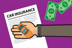 Long arm holding small toy car over car insurance policy with cash to the side