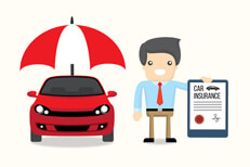 Smiling insurance agent holding car insurance policy next to red car under protection umbrella
