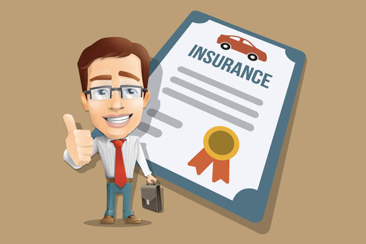 Insurance agent showing thumbs up in front of car insurance policy flat concept image. Are insurance agents obsolete?
