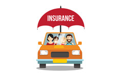 Family protected by car insurance umbrella Family driving in car protected by car insurance umbrella flat concept on white background