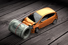 Car insurance cost concept image Car with front end damage crashed into roll of money car insurance concept