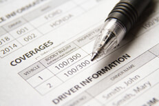 Photo of a car insurance policy showing coverages and drivers with ink pen