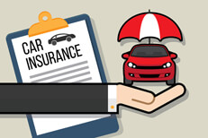 Policy with hand holding car Hand holding small car with insurance protection umbrella and car insurance policy in background