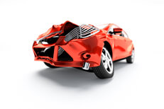 Fish eye photo of collision damage Auto insurance concept image of fish eye lens view of front end damage on red car