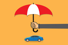 Long arm holding umbrella over blue car Long arm holding insurance protection umbrella over small blue sedan gold background