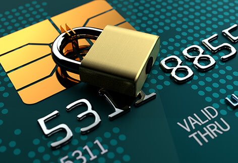 Close up photo of credit card EMV chip with padlock concept for credit lock or credit freeze alt