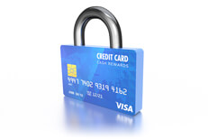 Credit card padlock on white 3D render of blue credit card as padlock isolated on white