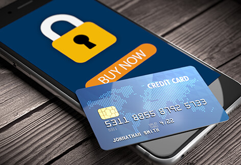 Mobile secure credit card payment Mobile phone showing secure padlock icon with buy button and credit card