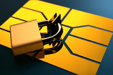 Credit lock concept showing padlocked EMV credit card chip