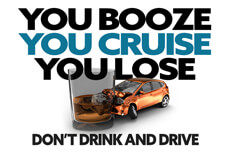 Illustration with blue and black Booze, Cruise, Lose text and DUI crash concept in foreground