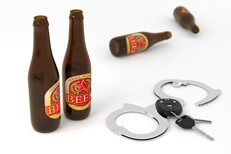 Beer bottles, hand cuffs, and car keys isolated on white background