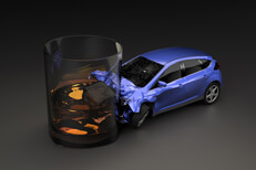 DUI accident after drinking and driving Compact car crashed into glass of whiskey after driving under the influence