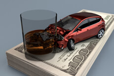 Drunk driving concept image showing DUI accident on large stack of US one hundred dollar bills