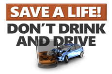 Graphic showing DUI accident with Save a life don't drink and drive text in background