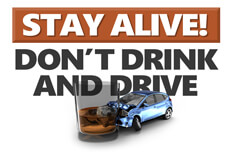 Graphic showing DUI accident with Stay alive don't drink and drive text in background