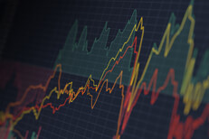 Stock price line chart Screen showing stock price area chart compared to overall market return line charts