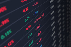Stock ticker screen showing price, percent change, and buy sell recommendations