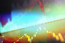 Stock price charts Stock area chart and candlestick chart with overlay and lens flare effects