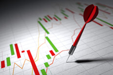 Dart on stock price on white White paper showing stock price volatility and dart stuck representing poor investment strategy