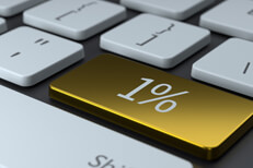 One percent keyboard key Computer keyboard with shiny gold key with 1% concept for upper income earners