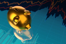Shiny gold metallic piggy bank on stock price area chart with glossy surface reflection