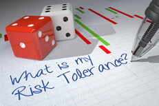Risk tolerance dice and chart Dice on stock candlestick chart with pen writing What is my Risk Tolerance
