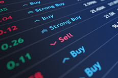 Stock sell recommendation Stock price ticker with sell recommendation and down arrow