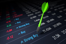 Stock ticker with strong buy indicator stuck by green dart