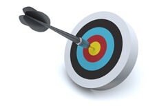 Dart hits target bulls eye on white background