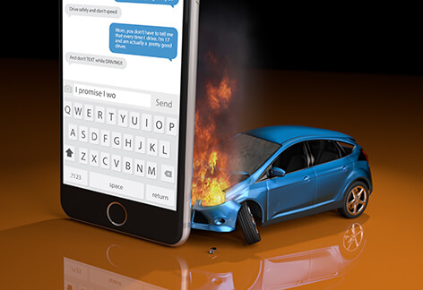 Car on fire after crashing into cell phone when texting while driving