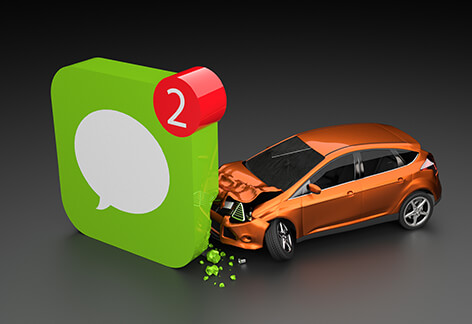 Car crashing into cell phone message app icon