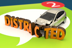 Distracted by text message Large text message icon with new message indicator and small car crashed into DISTRACTED letters