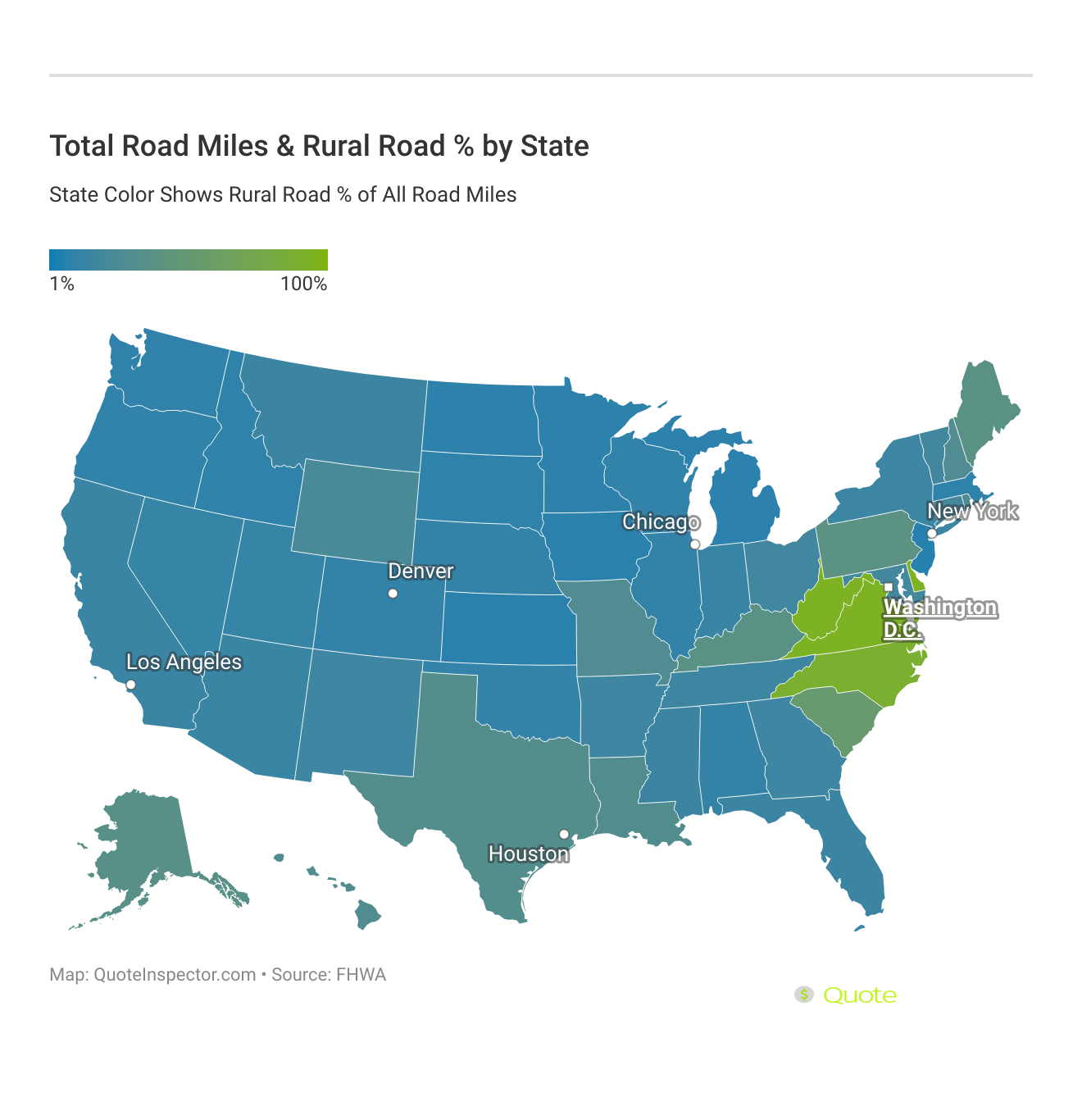 <h3>Total Road Miles & Rural Road % by State</h3>